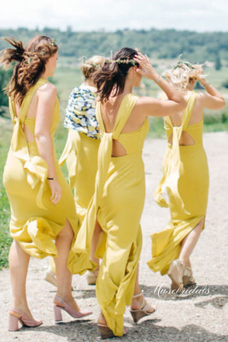 Satin Sheath Bateau Floor Length Bridesmaid Dresses With Slit