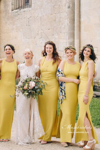 Satin Sheath Bateau Floor Length Bridesmaid Dresses With Slit