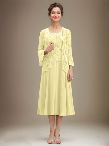 A-line Scoop Tea-Length Lace Chiffon Mother of the Bride Dress With Sequins