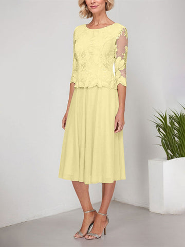 A-line Scoop Tea-Length Lace Chiffon Mother of the Bride Dress With Embroidery