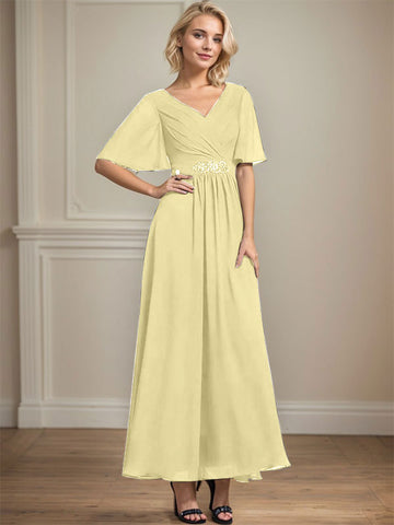 A-line V-Neck Ankle-Length Chiffon Mother of the Bride Dress With Pleated Beading Sequins