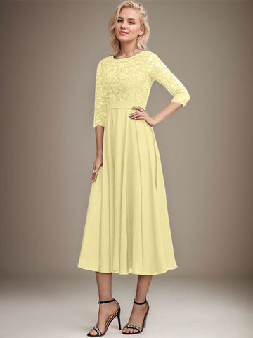 A-line Scoop Tea-Length Lace Chiffon Mother of the Bride Dress With Sequins