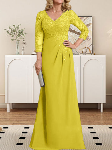 Sheath/Column V-Neck Illusion Floor-Length Lace Chiffon Mother of the Bride Dress With Pleated Sequins