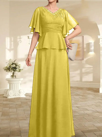 A-line V-Neck Floor-Length Chiffon Mother of the Bride Dress With Pleated Beading