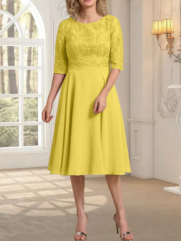 A-line Scoop Knee-Length Lace Chiffon Mother of the Bride Dress