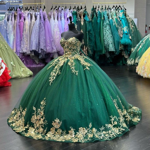 Robe de bal en tulle vert pailleté à décolleté cœur et appliques dorées, robe de princesse pour Sweet 16, référence Y4304