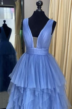 Robe de bal longue en tulle bleu, robe de soirée trapèze Y5340