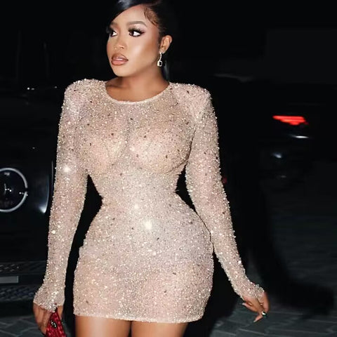 Vestido ajustado de manga larga y estilo sexy, vestido brillante para fiesta de bienvenida Y6402