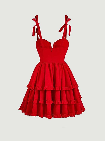 Vestido rojo de fiesta de bienvenida con corte en A, hombros con lazo y bajo con volantes Y2720