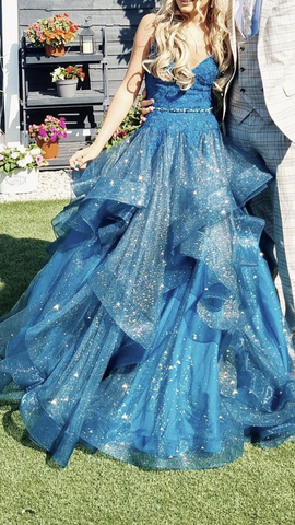 Robe de bal longue bleu brillant à bretelles spaghetti, col en V, en tulle et sequins (Y8051)