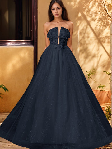 3D Rose Embroidery Sparkly Lace Plunging Ball Gown Prom Dress