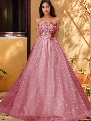 3D Rose Embroidery Sparkly Lace Plunging Ball Gown Prom Dress