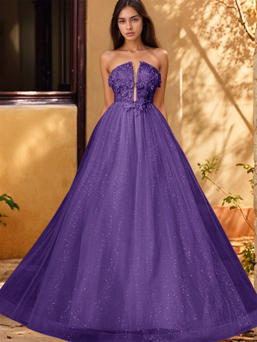 3D Rose Embroidery Sparkly Lace Plunging Ball Gown Prom Dress