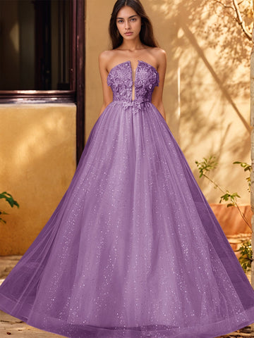 3D Rose Embroidery Sparkly Lace Plunging Ball Gown Prom Dress
