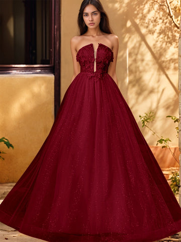 3D Rose Embroidery Sparkly Lace Plunging Ball Gown Prom Dress