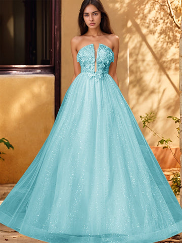 3D Rose Embroidery Sparkly Lace Plunging Ball Gown Prom Dress