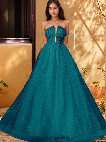 3D Rose Embroidery Sparkly Lace Plunging Ball Gown Prom Dress