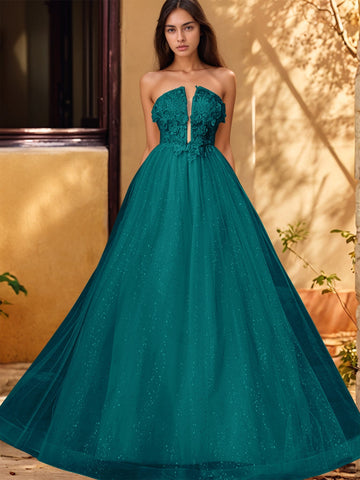 3D Rose Embroidery Sparkly Lace Plunging Ball Gown Prom Dress