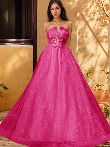 3D Rose Embroidery Sparkly Lace Plunging Ball Gown Prom Dress