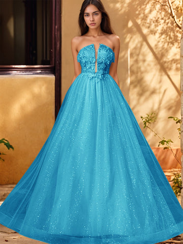 3D Rose Embroidery Sparkly Lace Plunging Ball Gown Prom Dress