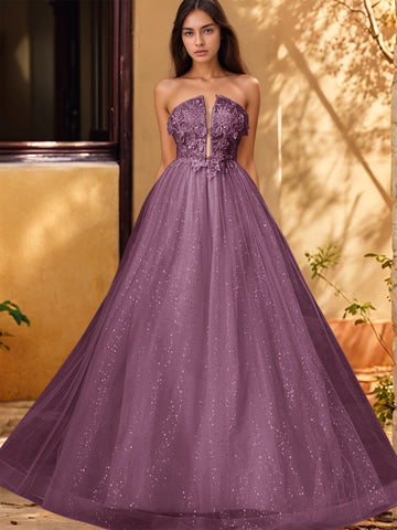 3D Rose Embroidery Sparkly Lace Plunging Ball Gown Prom Dress