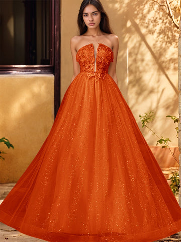 3D Rose Embroidery Sparkly Lace Plunging Ball Gown Prom Dress