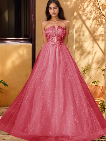 3D Rose Embroidery Sparkly Lace Plunging Ball Gown Prom Dress