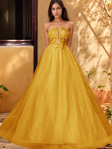 3D Rose Embroidery Sparkly Lace Plunging Ball Gown Prom Dress