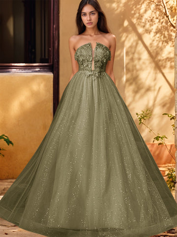 3D Rose Embroidery Sparkly Lace Plunging Ball Gown Prom Dress