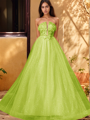 3D Rose Embroidery Sparkly Lace Plunging Ball Gown Prom Dress