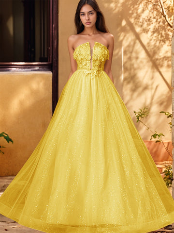 3D Rose Embroidery Sparkly Lace Plunging Ball Gown Prom Dress