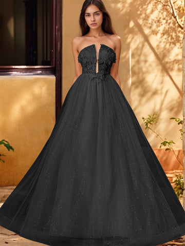 3D Rose Embroidery Sparkly Lace Plunging Ball Gown Prom Dress