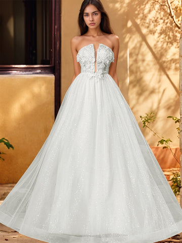 3D Rose Embroidery Sparkly Lace Plunging Ball Gown Prom Dress