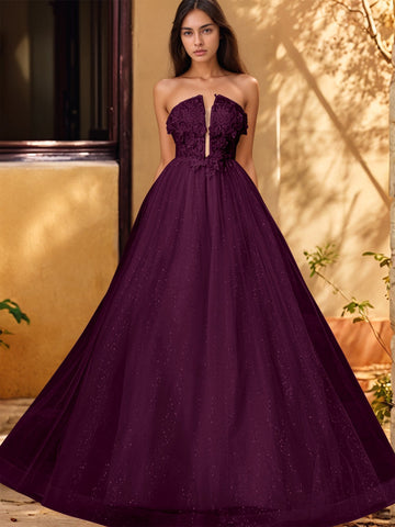 3D Rose Embroidery Sparkly Lace Plunging Ball Gown Prom Dress