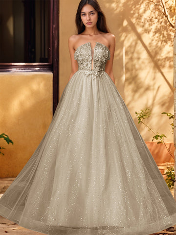 3D Rose Embroidery Sparkly Lace Plunging Ball Gown Prom Dress