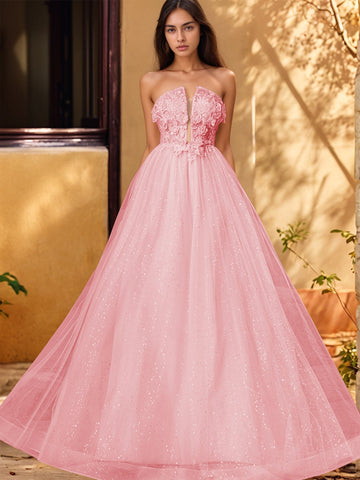 3D Rose Embroidery Sparkly Lace Plunging Ball Gown Prom Dress