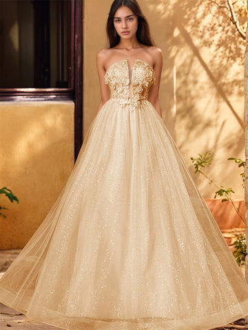 3D Rose Embroidery Sparkly Lace Plunging Ball Gown Prom Dress