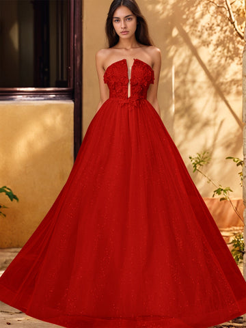 3D Rose Embroidery Sparkly Lace Plunging Ball Gown Prom Dress