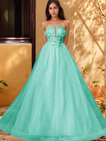 3D Rose Embroidery Sparkly Lace Plunging Ball Gown Prom Dress