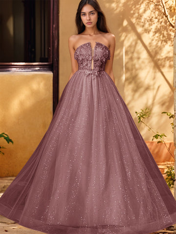 3D Rose Embroidery Sparkly Lace Plunging Ball Gown Prom Dress