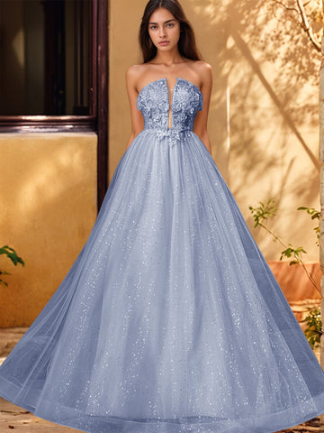 3D Rose Embroidery Sparkly Lace Plunging Ball Gown Prom Dress