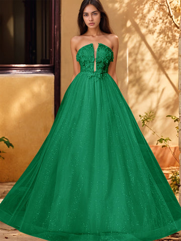 3D Rose Embroidery Sparkly Lace Plunging Ball Gown Prom Dress