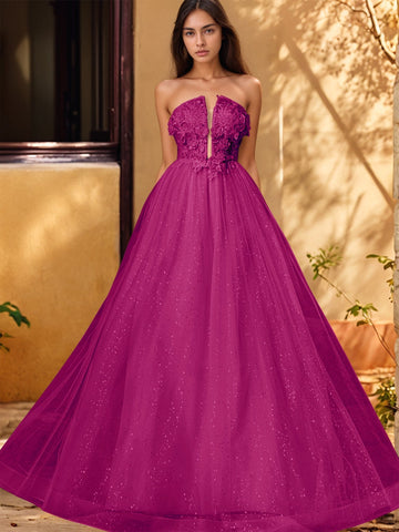 3D Rose Embroidery Sparkly Lace Plunging Ball Gown Prom Dress