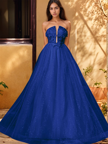 3D Rose Embroidery Sparkly Lace Plunging Ball Gown Prom Dress