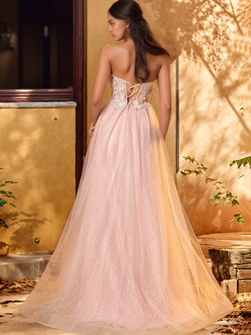 3D Rose Embroidery Sparkly Lace Plunging Ball Gown Prom Dress