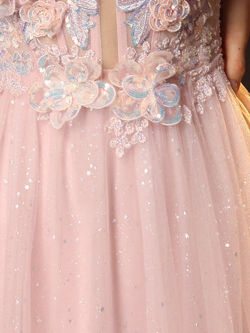 3D Rose Embroidery Sparkly Lace Plunging Ball Gown Prom Dress