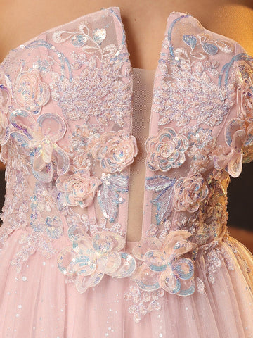 3D Rose Embroidery Sparkly Lace Plunging Ball Gown Prom Dress