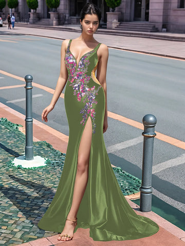 Sparkly Lace Cut Waist Split Long Prom Dress