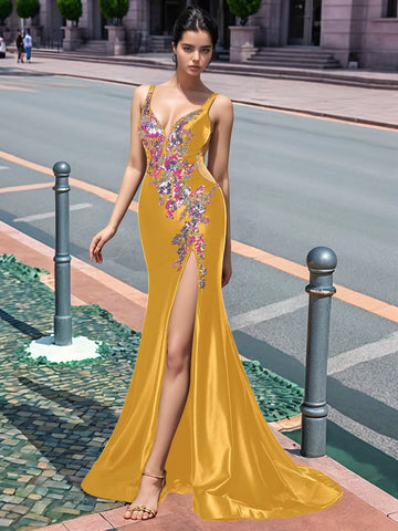 Sparkly Lace Cut Waist Split Long Prom Dress