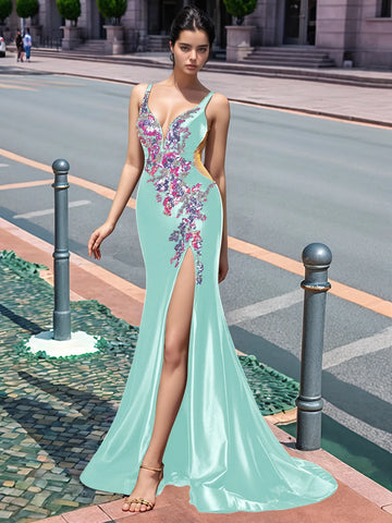 Sparkly Lace Cut Waist Split Long Prom Dress